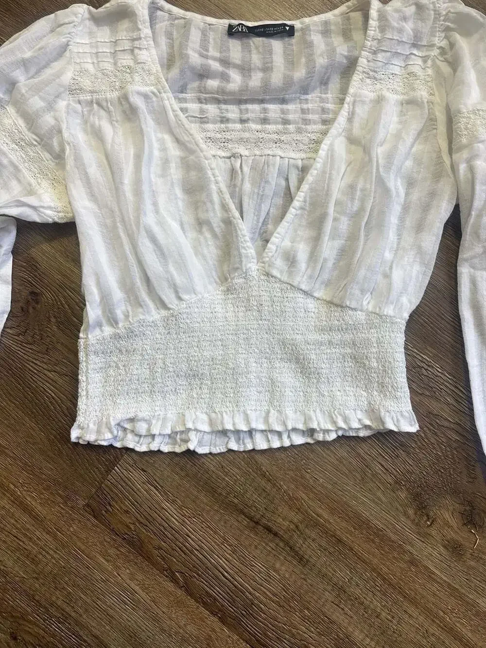 ZARA White Smocked Waist Crochet Trim V-Neck Puff Sleeve Blouse
